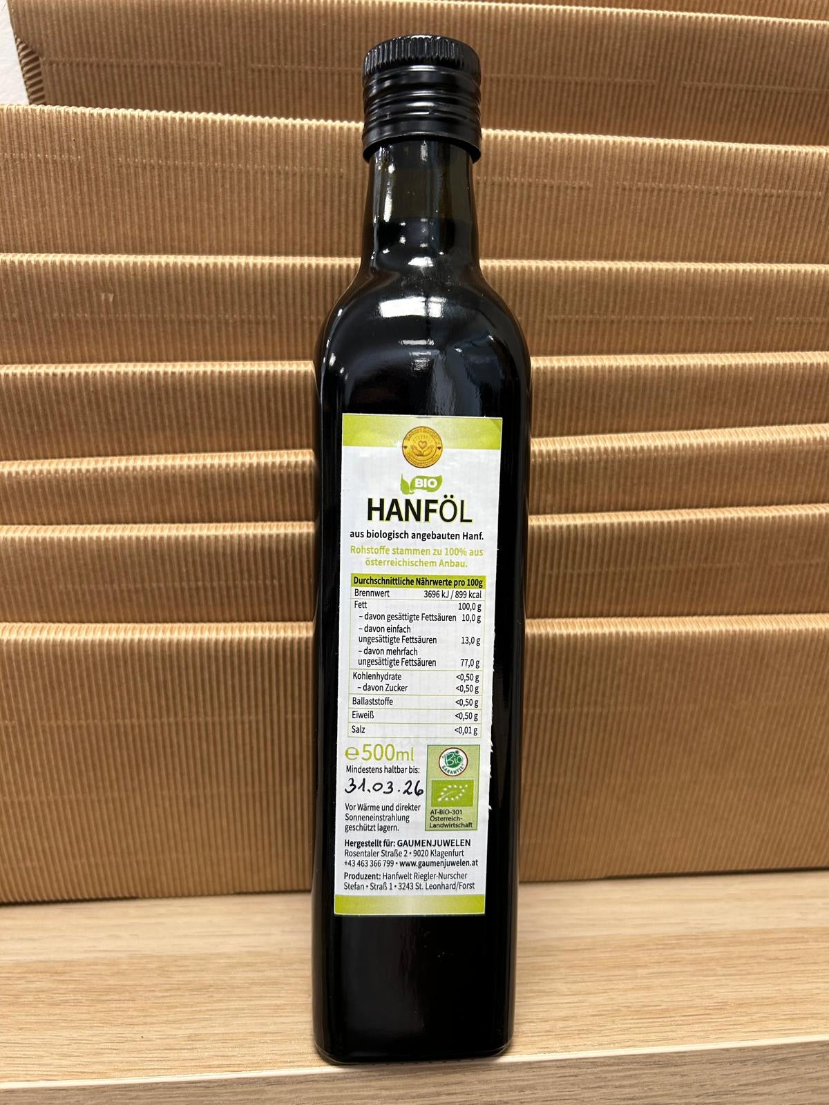 Bio-Hanföl 500ml kaltgepresst und ungefiltert, ohne THC