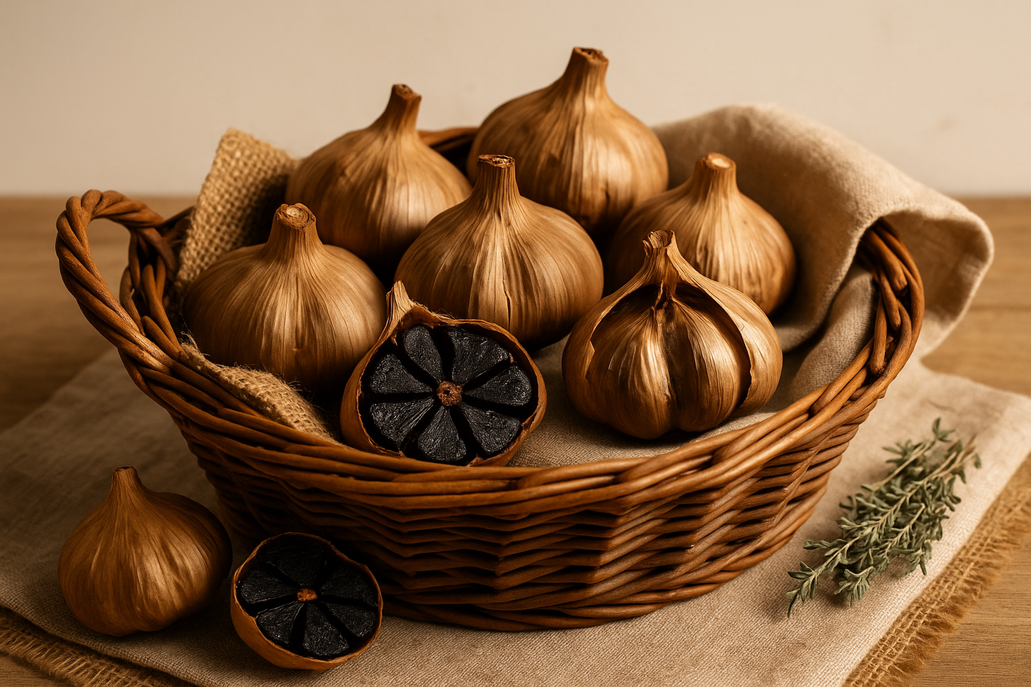 Black Garlic Knolle in einem Korb mit deko