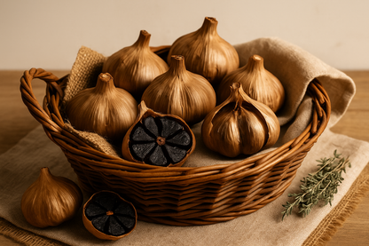 Black Garlic Knolle in einem Korb mit deko